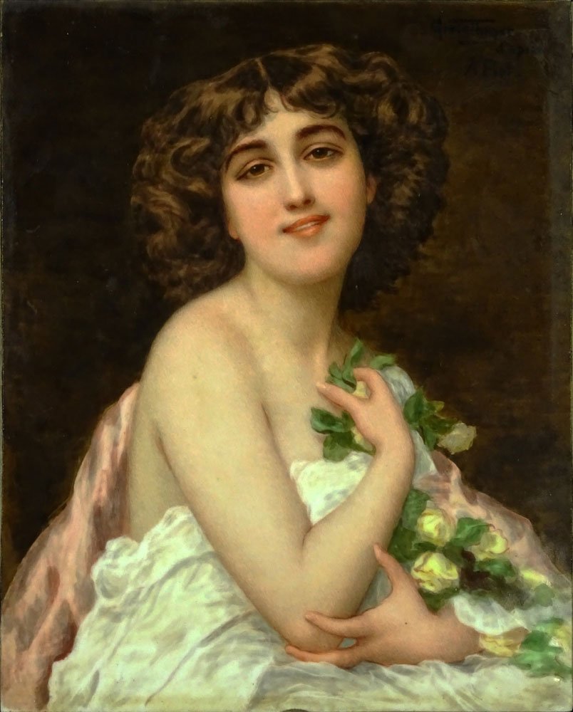 Circa 1920 Probably French Painted Porcelain Plaque: Circa 1920 Probably French Painted Porcelain Plaque "Young Beauty". Artist Signed Grasethayer d'apres A. Piot. Small Depression at Center Bottom Edge Otherwise Good Condition or Better. Measures 10-1/