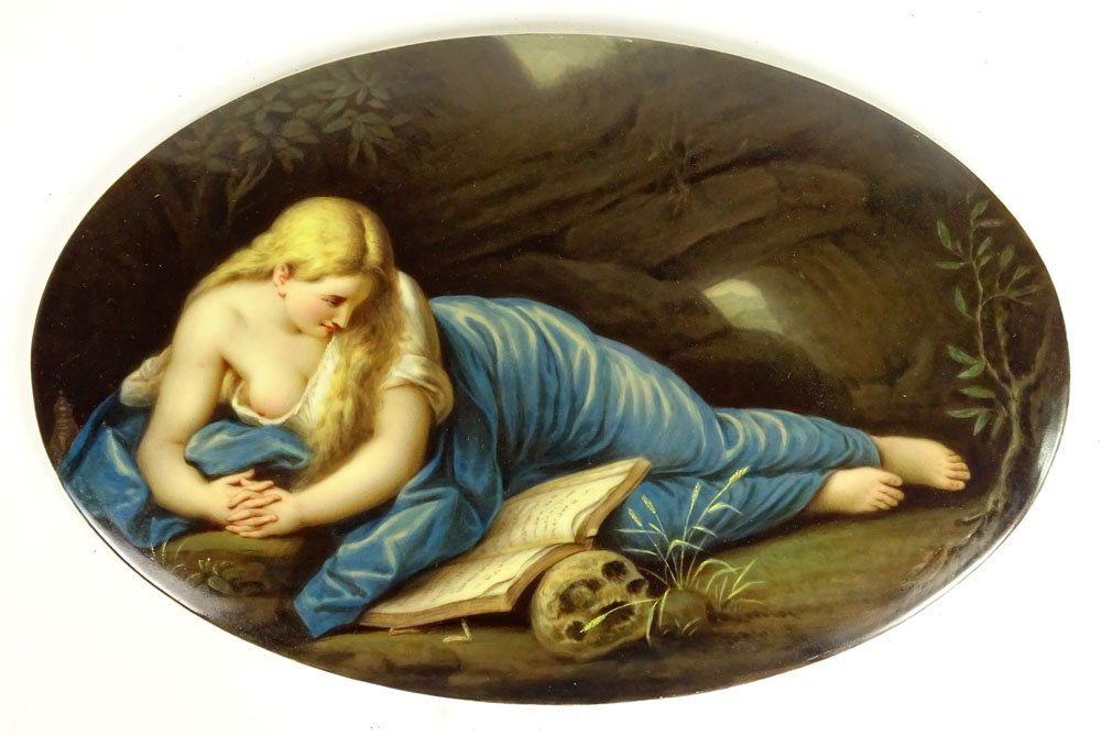 Early 20th Century German Painted Porcelain Plaque "The: Early 20th Century German Painted Porcelain Plaque "The Penitent Magdalene". Pseudo KPM mark and Incised K 344 en verso. Good Condition or Better. Measures 9-1/8 Inches Tall and 14-1/4 Inches Wide. Sh