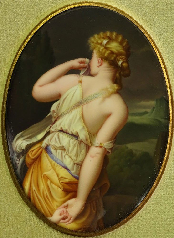 Circa 1880 German KPM Painted Porcelain Plaque "Hagar: Circa 1880 German KPM Painted Porcelain Plaque "Hagar Banished". Incised KPM and Scepter mark en verso. Surface Scratches Otherwise Good Condition. Measures 7 Inches Tall and 5 Inches Wide, Frame Meas