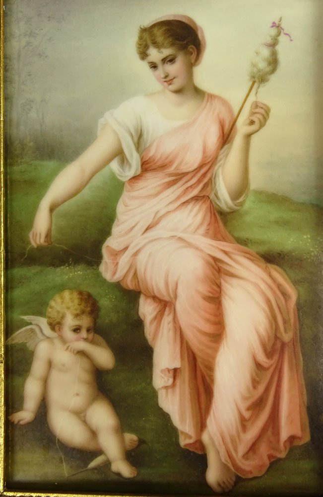 Circa 1890 Continental Painted Porcelain Plaque "Lady: Circa 1890 Continental Painted Porcelain Plaque "Lady in Pink with Cherub". Incised 324 en verso. Good Condition or Better. Measures 8-1/2 Inches Tall and 51/2 Inches Wide, Frame Measures 14-1/4 Inche