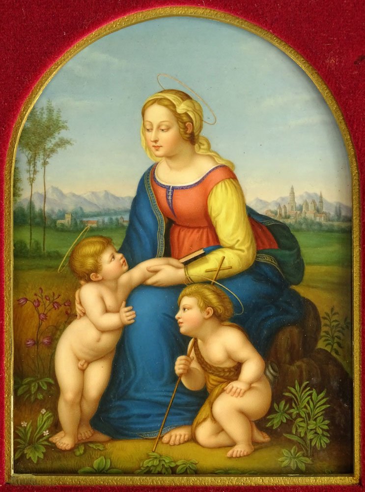 Circa 1880 Probably German Painted Porcelain Plaque: Circa 1880 Probably German Painted Porcelain Plaque after Raphael: Madonna of the Meadow. Unsigned. Good Condition or Better. Measures 8 Inches Tall and 6-1/2 Inches Wide, Frame Measures 15-3/4 Inches