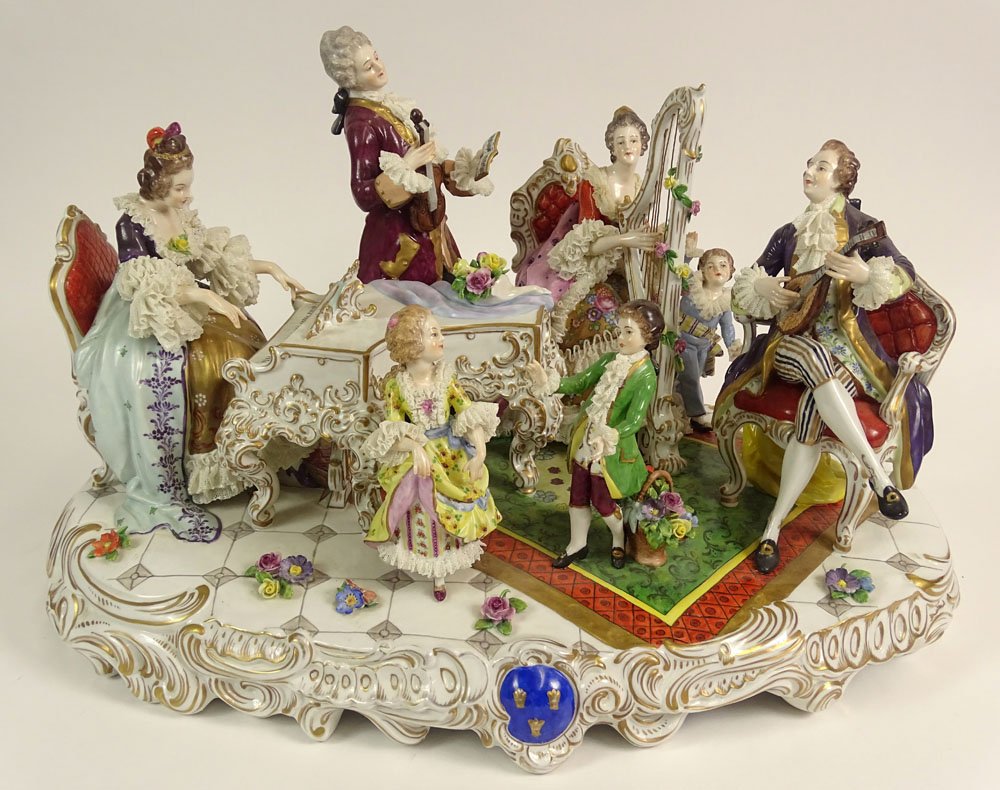 Very Large Early 20th Century German AR Porcelain Group: Very Large Early 20th Century German AR Porcelain Group "Entertaining the Children with Chamber Music". Blue Underglaze AR Germany Mark to Base. Minor Losses to Applied Floral decoration and Rubbing O