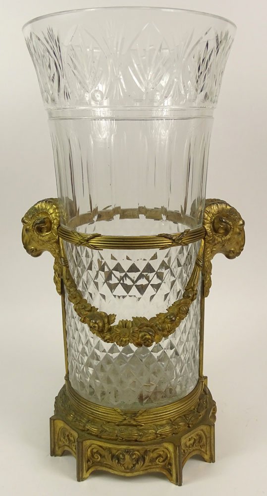 Fine Quality 19/20th Century French Louis XVI style: Fine Quality 19/20th Century French Louis XVI style Gilt Bronze Mounted Crystal Umbrella Stand Possibly Baccarat. Unsigned. Damage to Base of Crystal Otherwise Good Antique Condition. Measures 21 Inch