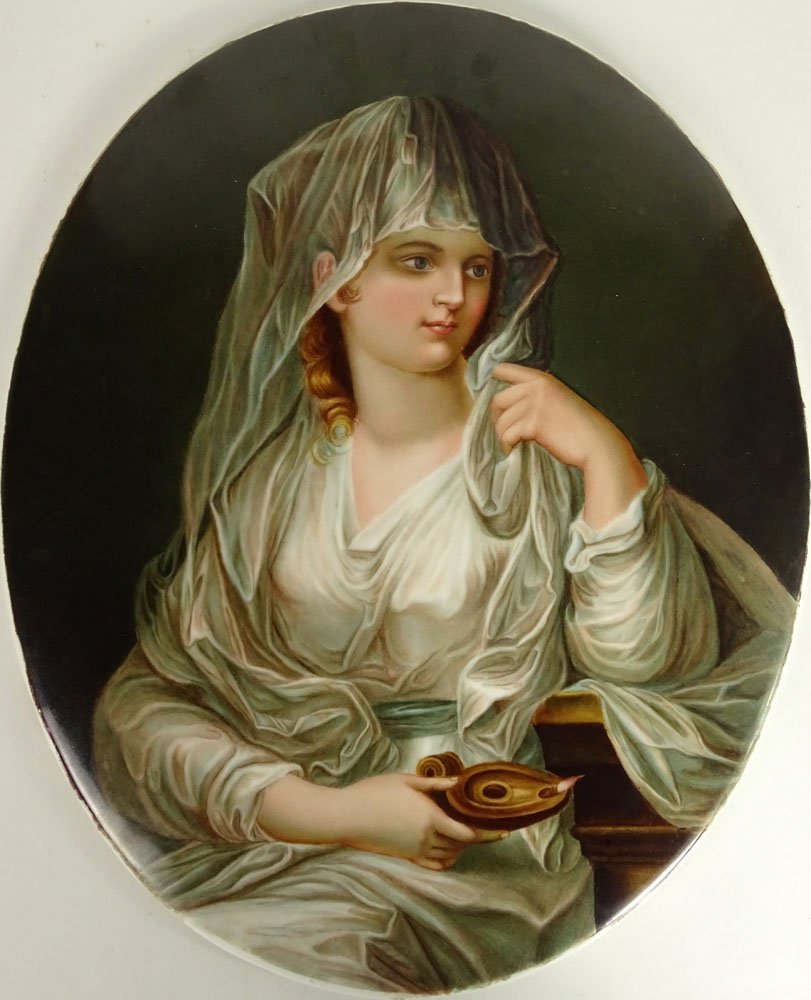 Circa 1870 Austrian Possibly Royal Vienna Painted: Circa 1870 Austrian Possibly Royal Vienna Painted Porcelain Plaque "Robed Lady with Oil Lamp", Beehive mark with one line and Incised CF 23 en verso. Good Condition or Better. Measures 16-1/4 Inches T