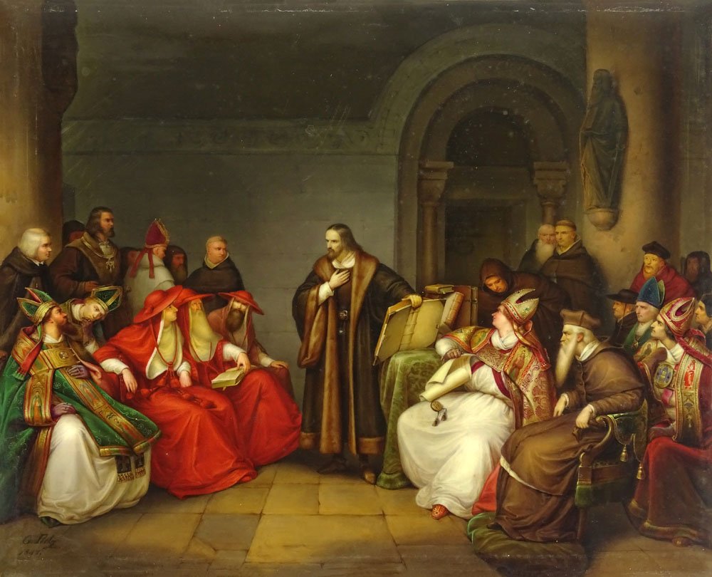 Circa 1847 German KPM Painted Porcelain Plaque "Jan Hus: Circa 1847 German KPM Painted Porcelain Plaque "Jan Hus before the Council at Constance" after Karl Lessing. Artist Signed G. Peetr(?) and dated 1847 Lower Left, Incised H en verso. Surface Scratches