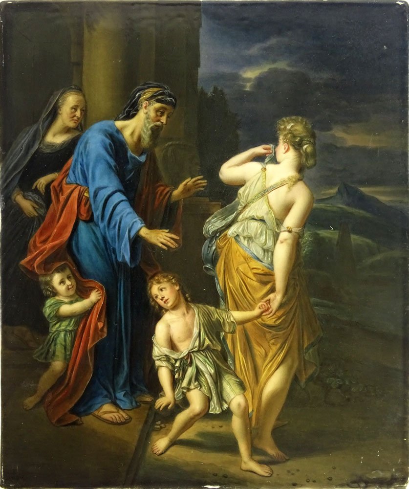 Circa 1880 Probably KPM Painted Porcelain Plaque "Hagar: Circa 1880 Probably KPM Painted Porcelain Plaque "Hagar and Ismael Banished from the House of Abraham". Artist Signed E. Ens Lower Left Otherwise Unsigned. Good Condition. Measures 13-3/4 Inches Tall