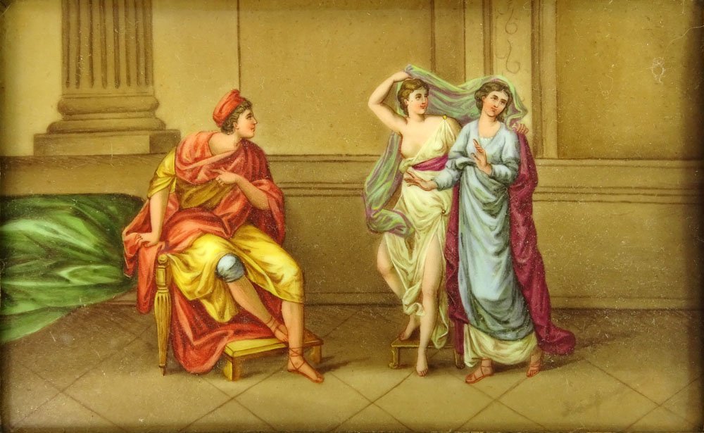 Circa 1870 Royal Vienna Painted Porcelain Plaque "Venus: Circa 1870 Royal Vienna Painted Porcelain Plaque "Venus with Helen and Paris". Signed Kaufmann Lower right. Beehive Mark and Titled (German) en verso. Good Condition or Better. Measures 4-7/8 Inches T