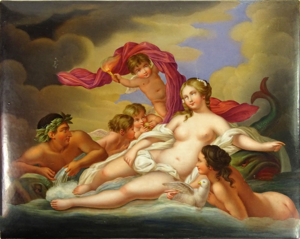 Late 19th Century Painted Porcelain Plaque "Neptune,: Late 19th Century Painted Porcelain Plaque "Neptune, Venus and Cupid". Artist Signed Lerrune Lower Left. Surface Scratches Otherwise Good Condition. Measures 13-1/4 Inches Tall and 16-3/4 Inches Wide.