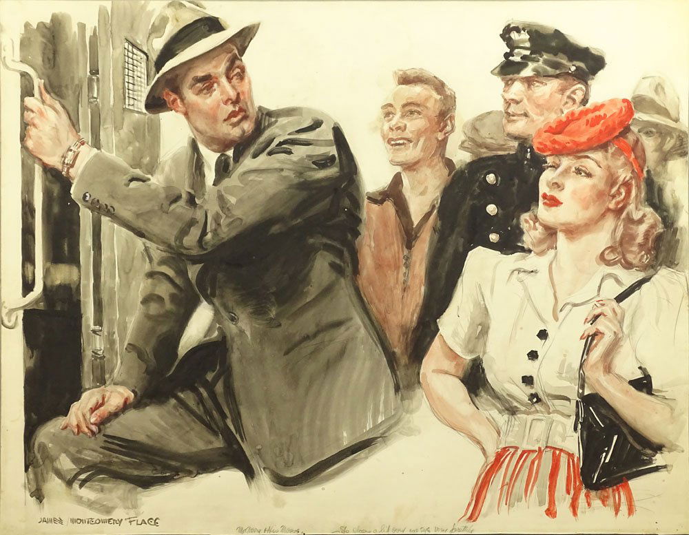James Montgomery Flagg, American (1877-1960) Ink and: James Montgomery Flagg, American (1877-1960) Ink and Watercolor on Paper "Boarding the Train" Illustration for McGarry and His Mouse (radio program). Signed Lower left. Pencil Inscription to base. Ton