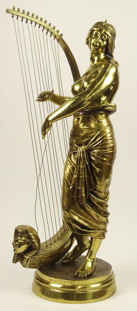 Georges Charles Coudray, French (active circa: Georges Charles Coudray, French (active circa 1883-1932) Bronze Sculpture "Tahoser", Orientalist Woman Playing Harp with Sphinx Head. Signed to base, Societe des Bronzes de Paris Foundry Mark. Polishe