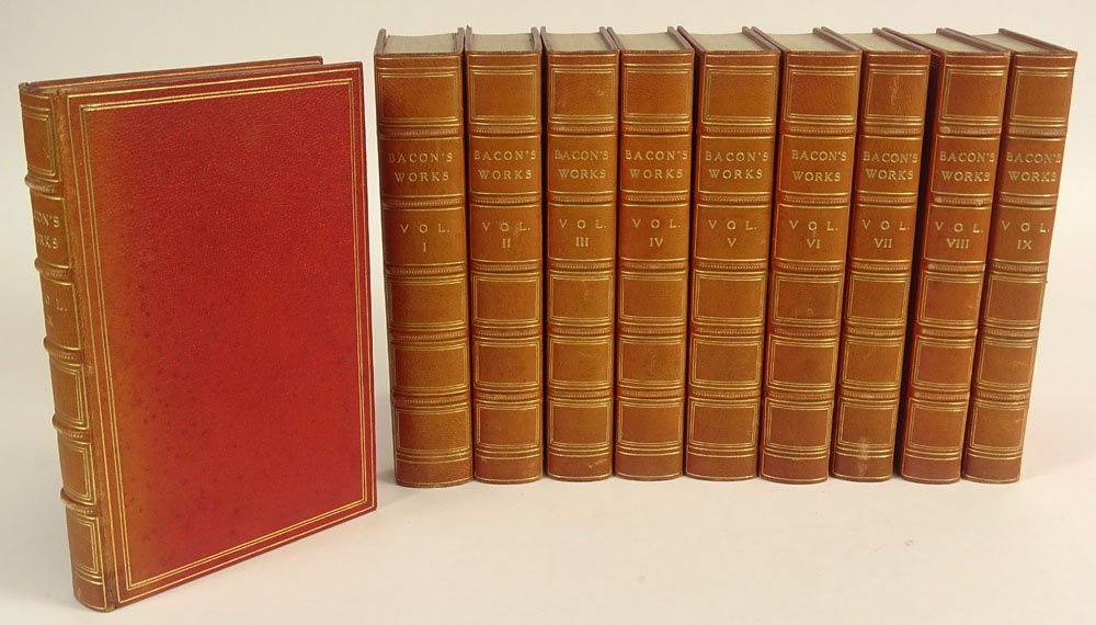 Antique Books The Works of Francis Bacon 1826 Ten (10): Antique Books The Works of Francis Bacon 1826 Ten (10) Volumes. Printed for C&J Rivington (and 31 more) by H.Bryer, Printer. Engraved Picture of Bacon by James Fittler. Full Original Red Leather Cover