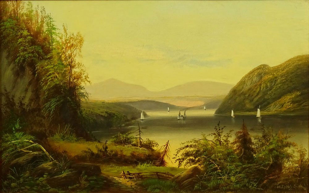 19/20th C Hudson River School Oil on Canvas Signed H.: 19/20th C Hudson River School Oil on Canvas Signed H. Dawson Lower Left. Depicts Sail Boats and a Steamer on the River. Good Condition. Two Very Old Square Nails Affixed to Back. Measures 14 Inches by
