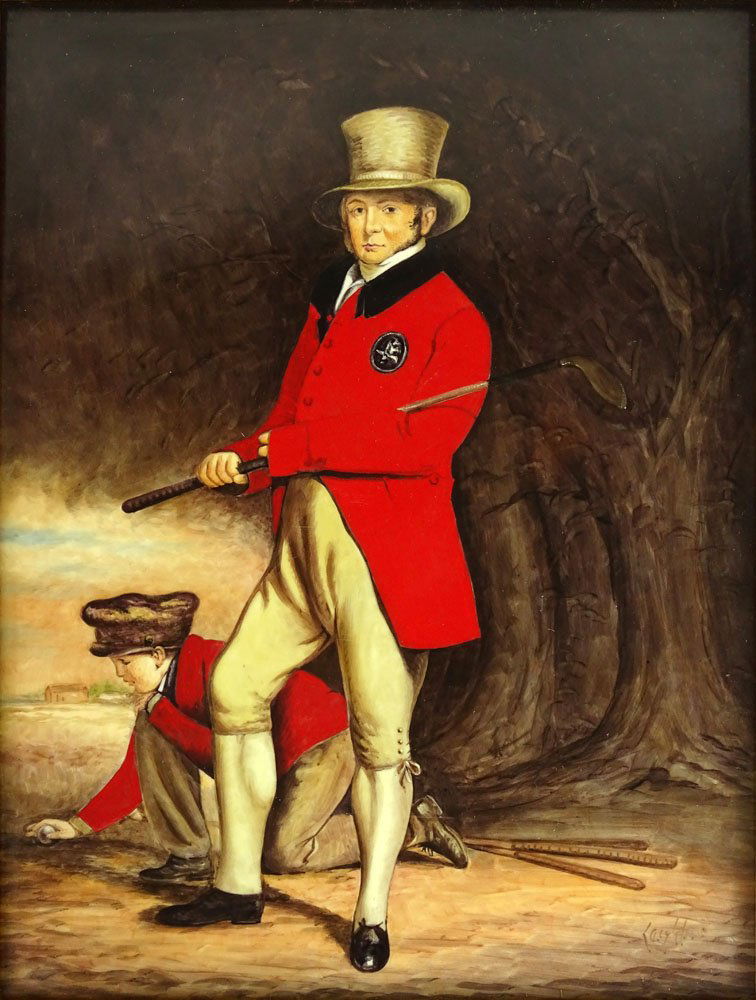 Circa 1890 Continental Painted Porcelain Plaque "John: Circa 1890 Continental Painted Porcelain Plaque "John Taylor Golfer" after: Leighton Maybury. Signed Lower Right, Titled and Signed en verso. Minor Surface Scratches Otherwise Good Condition. Measures