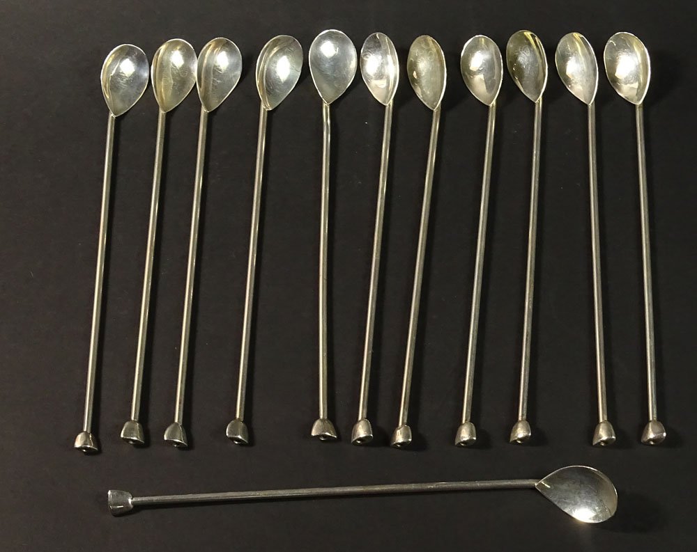 Twelve (12) Sterling Silver Iced Tea, Mint Julep,: Twelve (12) Sterling Silver Iced Tea, Mint Julep, Sipping Straw Spoons. Triangle Mouthpiece Stretching Down to Teardrop Spoons Signed DR. A. Raffman & Sterling. Measures 9-3/4 Inches Long. Weight 9.24