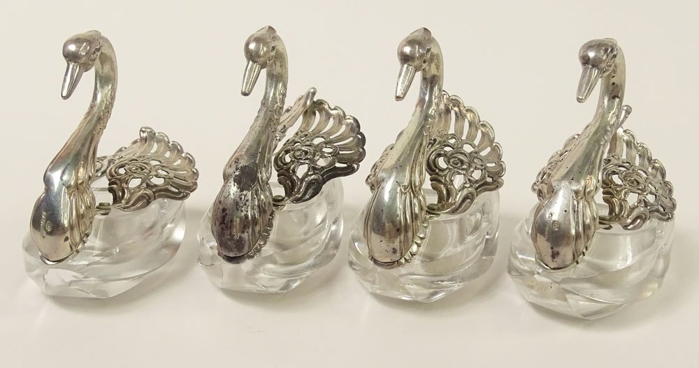 Vintage Four (4) Swans AB Germany Sterling Silver &: Vintage Four (4) Swans AB Germany Sterling Silver & Crystal Double Salt Cellars. Movable Sterling Wings and Elegant Sterling Neck & Head. Crystal Body has Two Compartments. Each Measures 2-1/2 Inches 