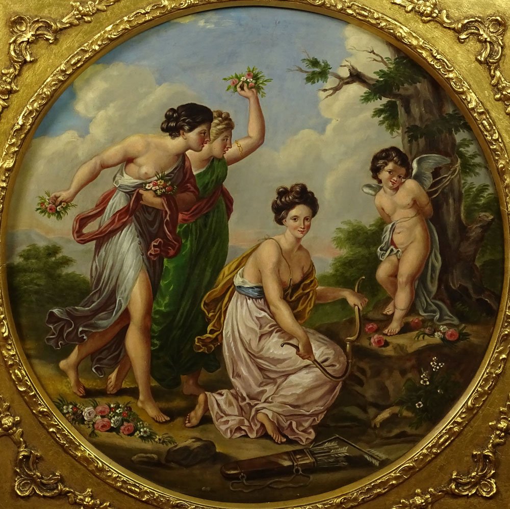 Early 20th Century Continental School Oil on Canvas.: Early 20th Century Continental School Oil on Canvas. "Classical Figures With Cherub" Unsigned. Measures 23 Inches by 23 Inches, Frame Measures 31-1/4 Inches by 31-1/4 Inches. We will not ship this ite