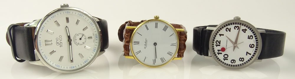 Lot of Three (3) Retro Men's Designer Watches. The Lot: Lot of Three (3) Retro Men's Designer Watches. The Lot Includes Two Ole Mathiesen and a Gino Franco. All Swiss Made on Leather Bands. One Ole Mathiesen on Tiffany & Co. Crocodile Leather Band. All Pie