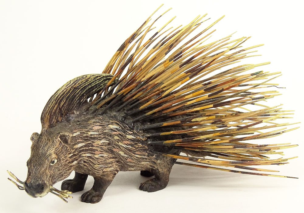 Bergman Cold Painted Vienna Austria Bronze Porcupine.: Bergman Cold Painted Vienna Austria Bronze Porcupine. Signed Austria. B in a Vase indicating Franz Bergmann, KF indicating Karl Fuhrmann. Good Condition, Minor Wear and Losses to Paint as to age. Meas