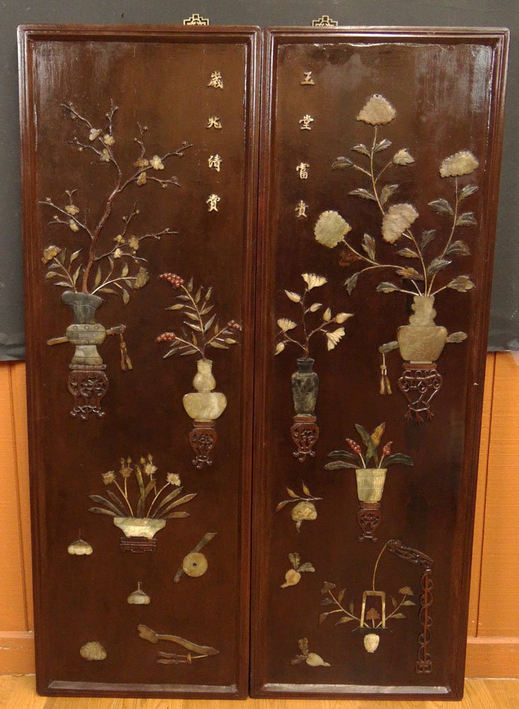 Pair of Chinese Hard Stone and Jade Wood Wall Panels.: Pair of Chinese Hard Stone and Jade Wood Wall Panels. Decorated with Jade Vases and Carnelian Flowers. Signed in Chinese Characters. Good to Very Good Condition. Measures 50 Inches Tall by 16-1/2 Inch