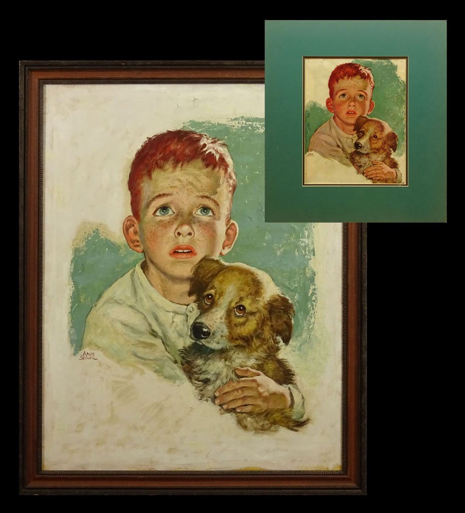 Amos Sewell, American (1901 - 1983) Oil on Artists: Amos Sewell, American (1901 - 1983) Oil on Artists Board "The Street Of Miracles" Illustration for a Saturday Evening Post 1954. Signed Lower Left Amos Sewell. Labels En Verso. Small area of paint lif