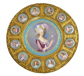 Antique Sevres Porcelain Portrait Plaque and Giltwood: Antique Sevres Porcelain Portrait Plaque and Giltwood Table. Set with Large Center Hand Painted Porcelain Portrait Plaque Depicting Marie Antoinette, Artist signed Seller, Measuring 11-1/2 Inches Diam