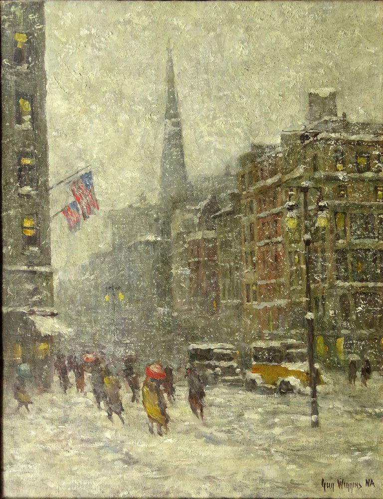 Guy Carleton Wiggins, American (1883-1962) Oil on: Guy Carleton Wiggins, American (1883-1962) Oil on Canvas "Fifth Avenue Storm" Signed Lower Right Guy Wiggins NA and also Titled and Signed En Verso. Good Condition. Measures 17-1/4 Inches by 13-1/2 In
