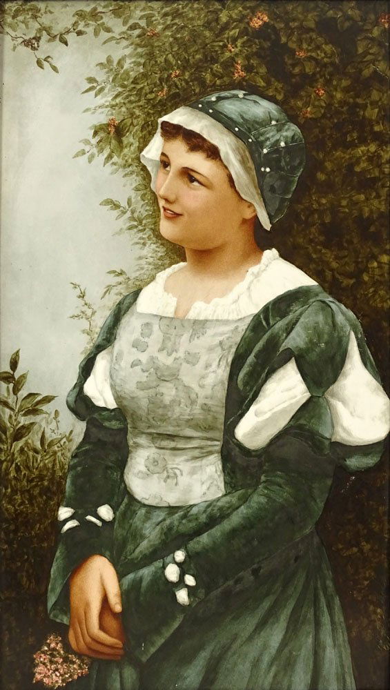 Large Vintage Handpainted Portrait Plaque "Gazing Young: Large Vintage Handpainted Portrait Plaque "Gazing Young Maiden" Painted Frame with Inlaid Abalone. Signed Lower Right Bessie____(illegible). One Large Chip on Back, does not affect the painting, or in