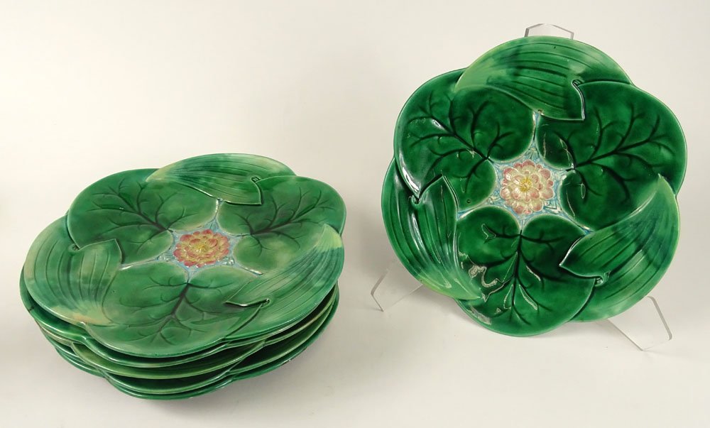Six (6) George Jones Majolica Lotus Pond Lily Plates,: Six (6) George Jones Majolica Lotus Pond Lily Plates, circa 1869, in naturalistic colors. 3 or 4 Plates have Minor Typical Chips due to Age on Center Lotus, one has Chip to Foot rim. Impressed Registr