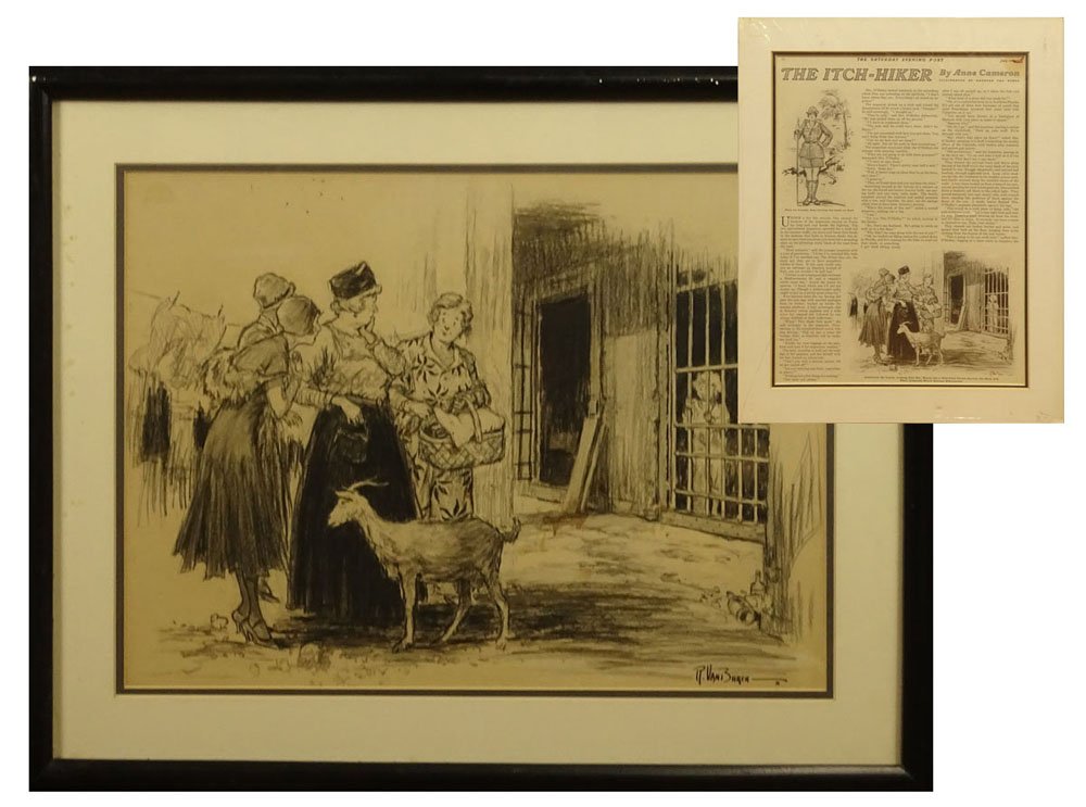 Raeburn van Buren, American (1891-1987) Original: Raeburn van Buren, American (1891-1987) Original Charcoal Illustration for Saturday Evening Post "The Itch-Hiker" Signed Lower Right. R. Van Buren '31. A Copy of The Story From The Saturday Evening Po
