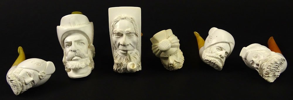 Lot of Six (6) Turkish Meerschaum Hand Made Carved: Lot of Six (6) Turkish Meerschaum Hand Made Carved Portrait Pipes. Unsigned. Unsmoked. Good Condition. Measures 6 Inches Length, 7 Inches Length, 5-1/2 Inches Length, 5-1/2 Inches Length, 5 Inches Len