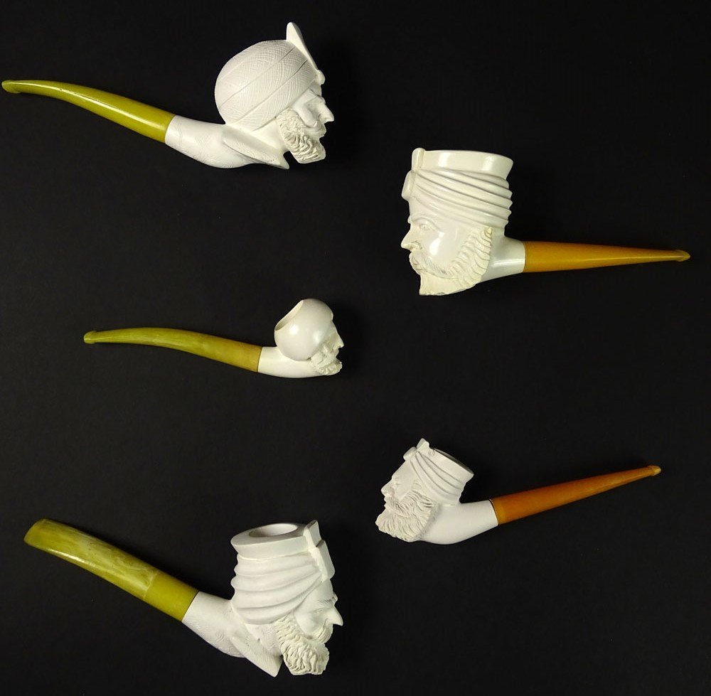 Lot of Five (5) Turkish Meerschaum Hand Made Carved: Lot of Five (5) Turkish Meerschaum Hand Made Carved Portrait Pipes. Unsigned. Unsmoked. Good Condition. Measures 7 Inches Length, 6 Inches Length, 6-1/2 Inches Length, 6 Inches Length, 5-1/4 Inches Le