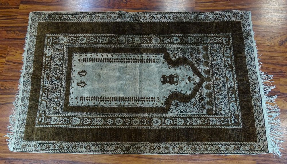Antique Prayer Rug in Brown Tones. Measures 35-3/4: Antique Prayer Rug in Brown Tones. Measures 35-3/4 Inches Wide 57 Inches Long not including 2-1/2 Inch Fringe. Good Condition Frayed Fringe and some Staining. Shipping $75.00 (estimate $100-$200)