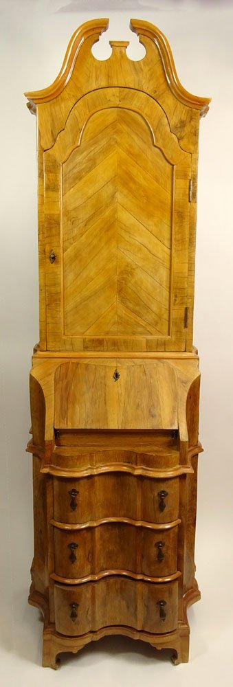 Italian Mid Century Burl Wood Small Two Piece: Italian Mid Century Burl Wood Small Two Piece Secretary. Drop Front with Drawers, Cabinet Top. Unsigned. Wood Splits, Wear and Rubbing. Measures 76 Inches Tall, 22 Inches Wide, 16 Inches Deep. We will