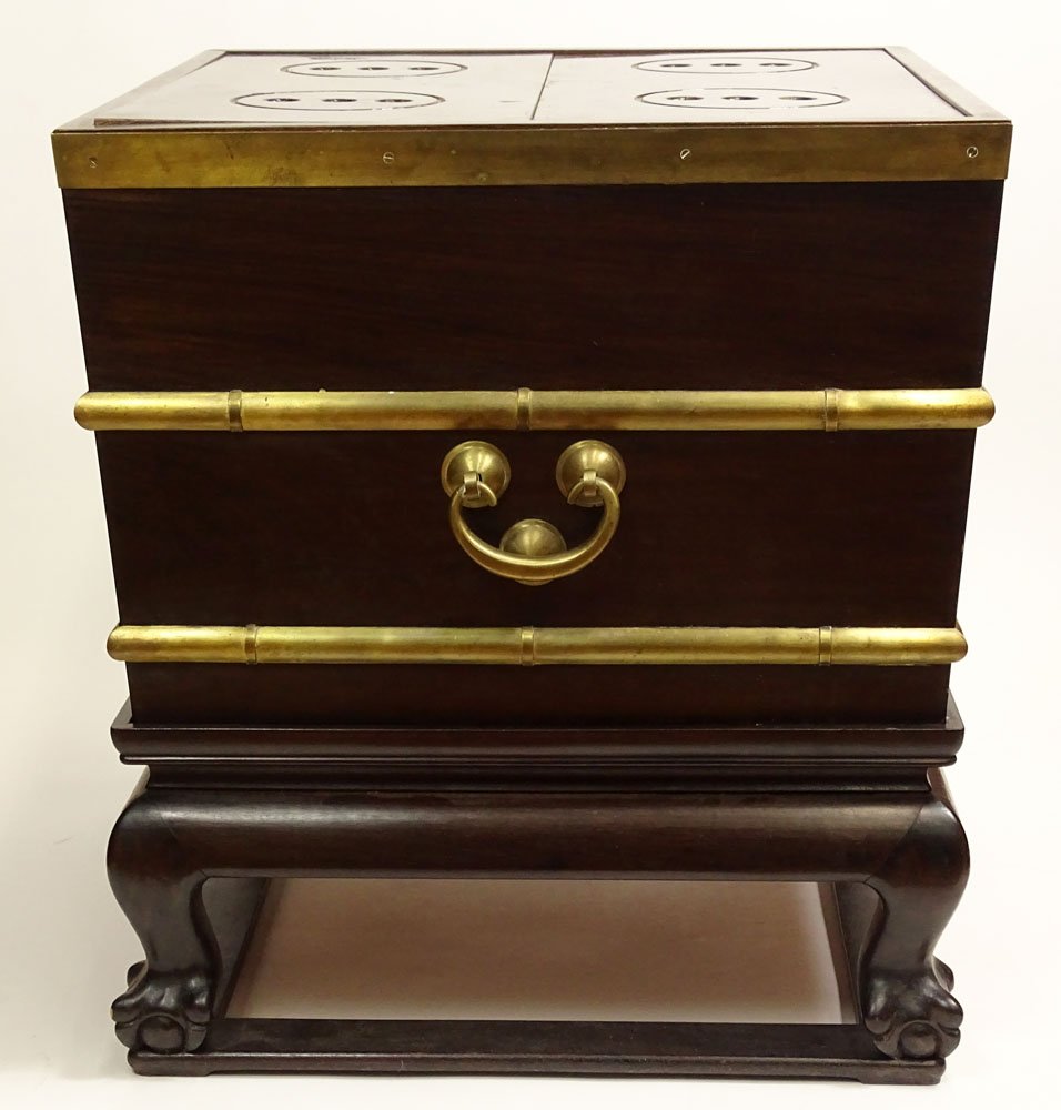 Antique Chinese Rosewood and Brass Wine Cooler/Ice: Antique Chinese Rosewood and Brass Wine Cooler/Ice Chest. Two Paneled vented Top. Brass Mountings and Hardware. Tin Liner. Claw Feet. Unsigned. Some Scratches on Top or in Good Condition. Measures 24-