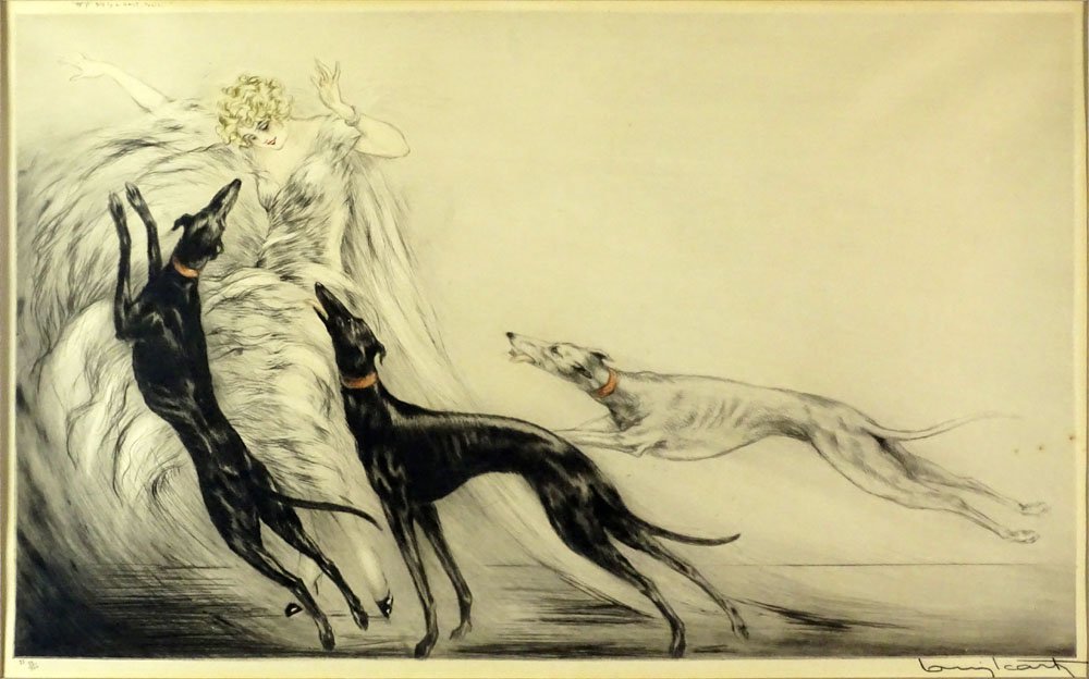 Louis Icart, French (1888-1950) Color Etching and: Louis Icart, French (1888-1950) Color Etching and Drypoint "Coursing II" Signed Lower Right Louis Icart. Numbered JJ 33/500 Lower Left. Copyright Upper Left. Blindstamp Lower Left. Toning and Foxing f