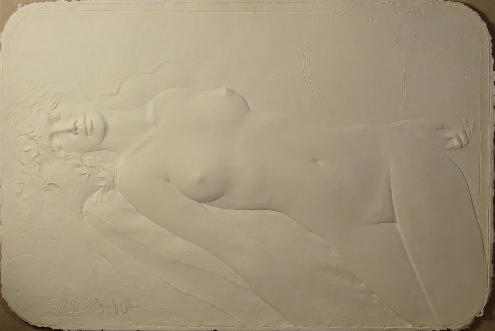 Frank Gallo, American (b. 1933) Cast Paper Laid on: Frank Gallo, American (b. 1933) Cast Paper Laid on Linen "Reclining Nude" Lucite Shadowbox Frame. Signed Frank Gallo A/P Lower Left as well as "Gallo" in the paper. Very Good Condition. The Entire Pie