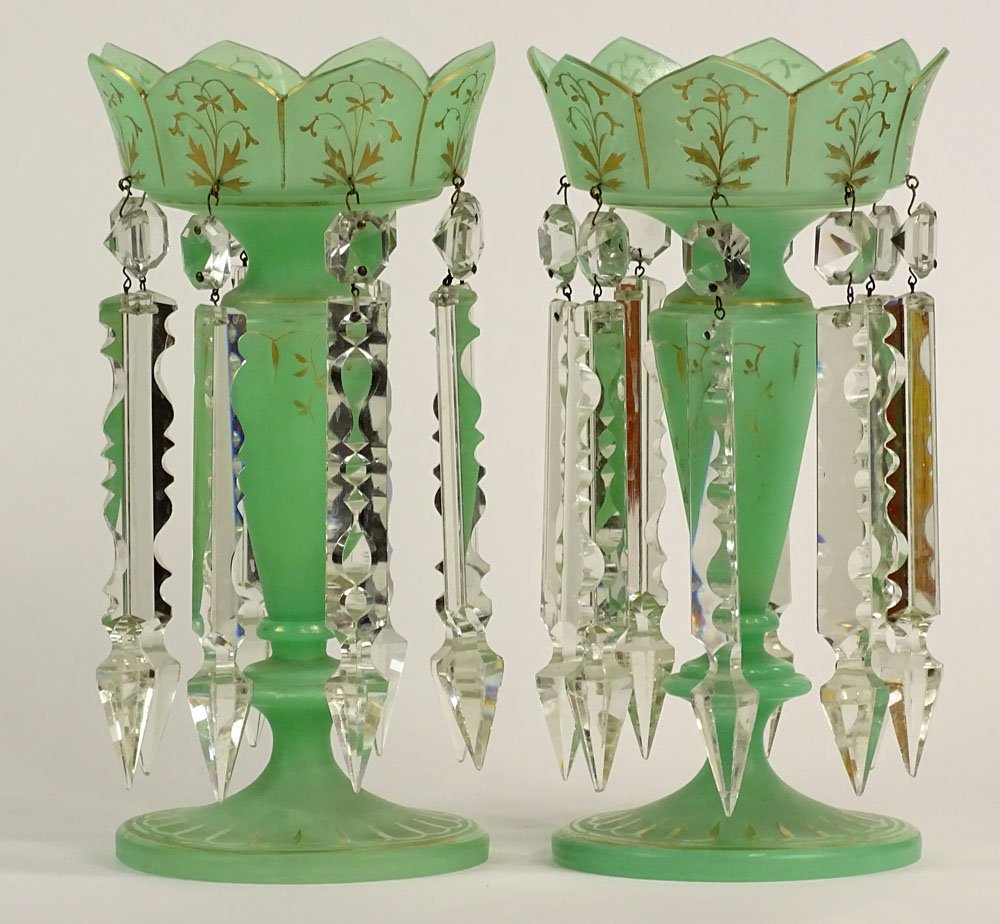 Antique Pair of French Opaline Glass Lustres. Lovely: Antique Pair of French Opaline Glass Lustres. Lovely Green Glass With Gold Decoration. Long Length Prisms. Unsigned. Wear to Gilt DÃ©cor and Some Typical Chips on Prisms or in Good Condition. Measur