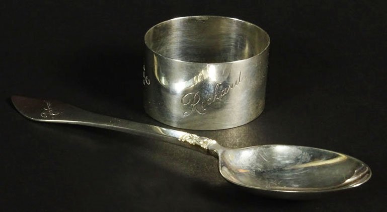 Vintage English Sterling Silver Napkin Ring & Spoon: Vintage English Sterling Silver Napkin Ring & Spoon Harrods London. Both Signed Richard. Walter H Willson Ltd Hallmark a WW, Hallmarked with R Lion Passant a Panther a Queens Facing Right. Spoon has a