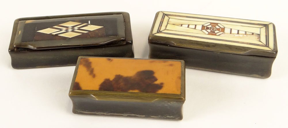 Lot of Three (3) 19th C Horn and Tortoise Snuff Boxes.: Lot of Three (3) 19th C Horn and Tortoise Snuff Boxes. One with Losses or in otherwise Good Antique Condition. Measures 1-1/4 Inches by 3 Inches; 1-1/2 Inches by 3 Inches; 1-1/4 Inches by 2-1/2 inches