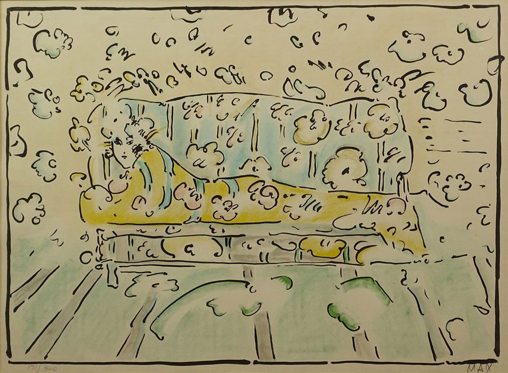 Peter Max, American/German (b. 1937) Color Lithograph: Peter Max, American/German (b. 1937) Color Lithograph "Lady On Couch" Signed Lower Right "Max" Numbered Lower Left 171/300 Light Toning From Age or in Good Condition. Measures 18 Inches by 23-1/2 Inch