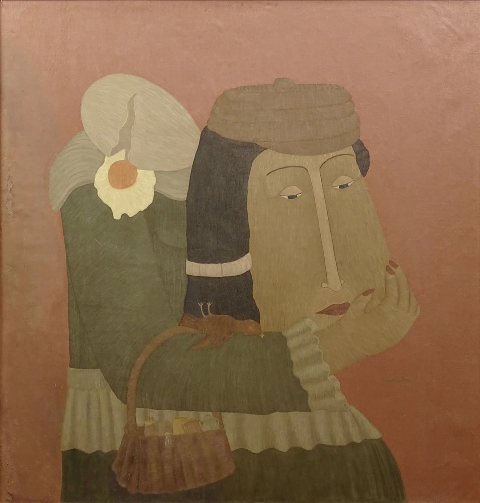 Antonio Samudio (Colombian, born 1934) Lady with: Antonio Samudio (Colombian, born 1934) Lady with Cracked Egg. Oil on Canvas. A Pondering Lady with a Bird, and a Cracked Egg. Good to Very Good Condition, a Painting Repair on the Left side. Measures 