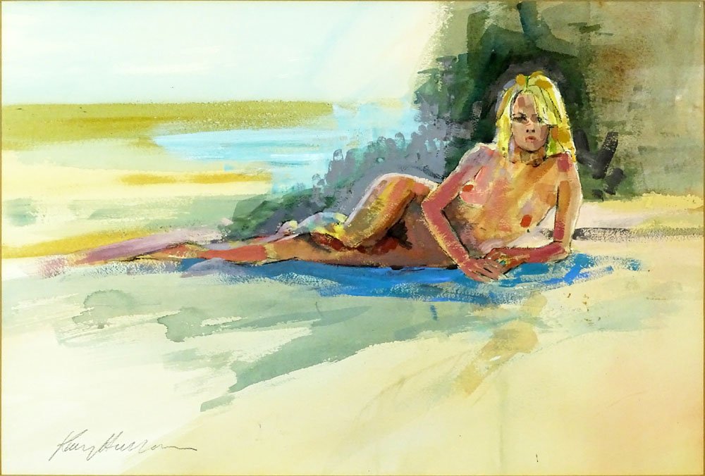 Kerry Hallam American (1937 - ) Gouache "Nude on: Kerry Hallam American (1937 - ) Gouache "Nude on Beach" Signed Lower Left. Steiner Gallery Label en verso. Toning From Age or in Good Condition. Measures 16-3/4 Inches by 24-1/2 Inches (sight) Frame M