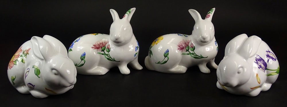 Two (2) Pair Tiffany Hand Painted Faience Porcelain: Two (2) Pair Tiffany Hand Painted Faience Porcelain Rabbits. Two Signed Tiffany Petals Designed By Tiffany & Co. Made In Portugal, 1998 Tiffany And Company; Two Signed Tiffany & Co. Made In Portugal.