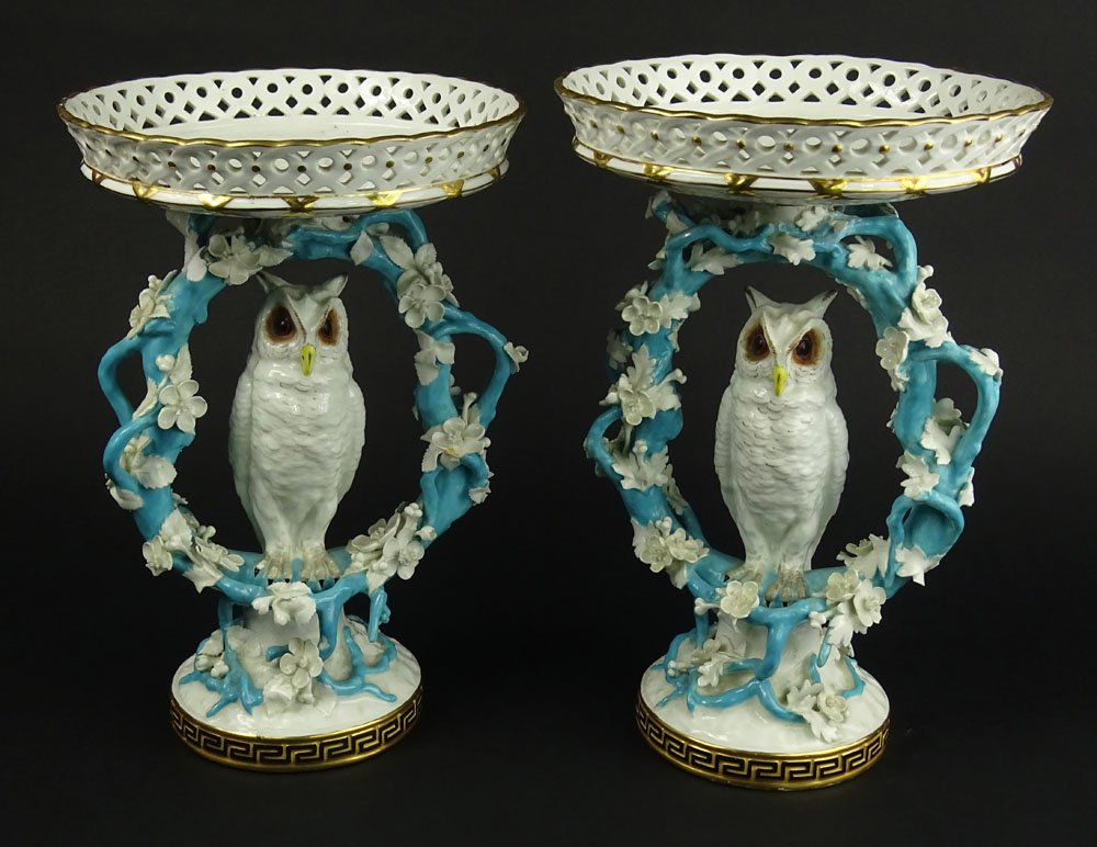 Pair 19th Century English Porcelain Figural Owl: Pair 19th Century English Porcelain Figural Owl Pedestal Compotes With Reticulated Basket Tops. Probably Mintons. Unsigned. Restorations, Both With Typical Minor Losses. Measures 11 and 11-1/2 Inches 