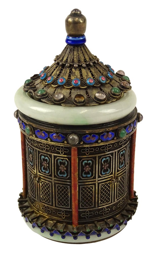 Chinese Enamel Decorated Covered Silver Box with White: Chinese Enamel Decorated Covered Silver Box with White to Celadon Jade Bangles at Top and Bottom Rims and Further Accented with Jade and Glass Jewels. Signed Silver to Base. Minor losses to Jewels and