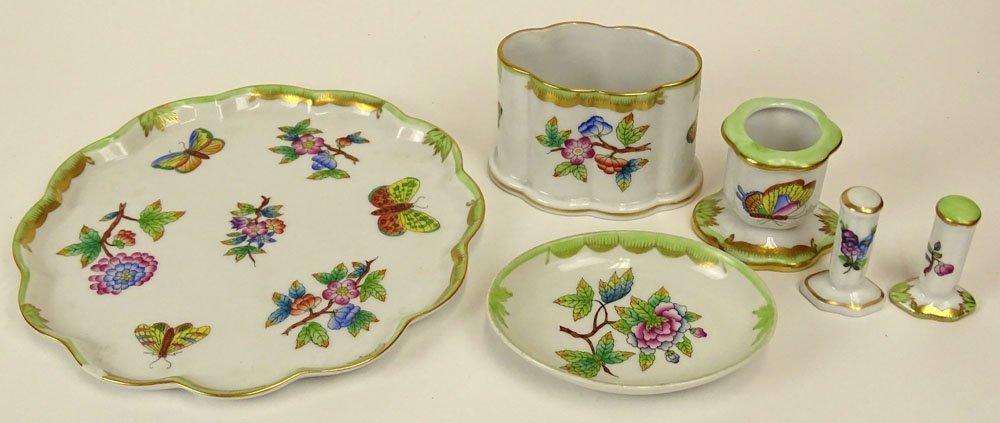 Lot of Six (6) Herend Hand Painted Queen Victoria: Lot of Six (6) Herend Hand Painted Queen Victoria Miniatures. This group includes 2 Cigarette Tampers, Cigarette Urn, Candle Holder, Oval Ring Dish, Small Dish. Signed With Blue Herend Backstamp, VBO.