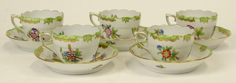 Five (5) Herend Hand Painted Queen Victoria Cups and: Five (5) Herend Hand Painted Queen Victoria Cups and Saucer Sets. Signed With Blue Herend Backstamp, 711/VBO. Good Condition. Cups Measure 1-3/4 Inches, Saucers, 4-5/8 Inches. Proceeds of the sale of 