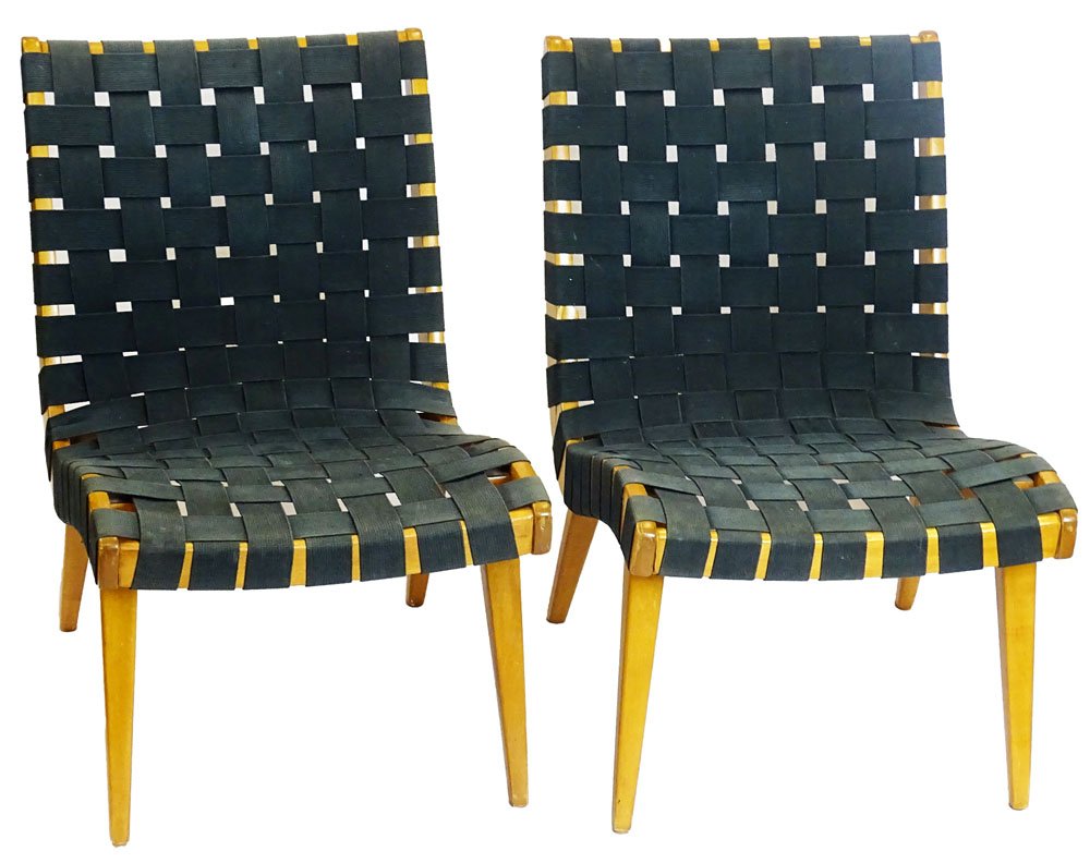 Pair Mid-Century Jens Risom, (b-1916) for Knoll Lounge: Pair Mid-Century Jens Risom, (b-1916) for Knoll Lounge Chairs. Parachute Strap Webbing. Unsigned. One Chair with Seperation on the wood at the Bend of the seat. Fading. Measures 29 Inches Tall, 20 Inc