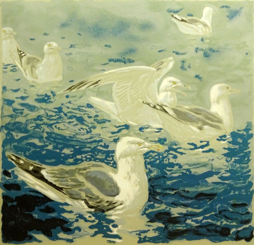 Jamie Wyeth, American (b. 1946) Color Lithograph: Jamie Wyeth, American (b. 1946) Color Lithograph "Seagulls" Signed in Pencil Lower Right, Numbered 67/300 and Embossed Blind stamp Lower Left. Toning From age or in Otherwise Good Condition. Framed Un