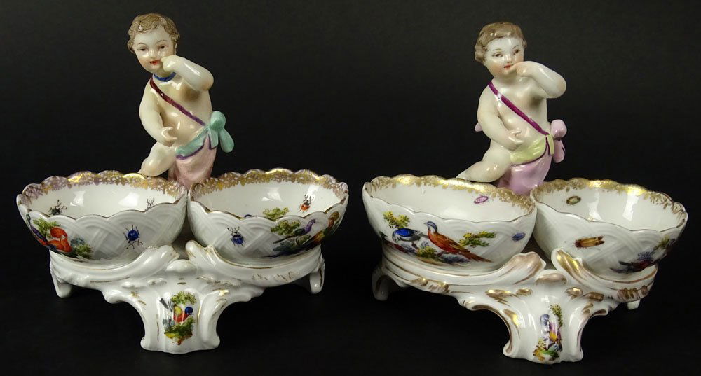 Pair of 19/20th Century KPM Porcelain Sweet Meat: Pair of 19/20th Century KPM Porcelain Sweet Meat Dishes. Putti and Hand Painted Bird and Insect Motif. Signed with KPM Mark underglaze. Light Wear to Decoration or in Good Condition. Measures 5 Inches